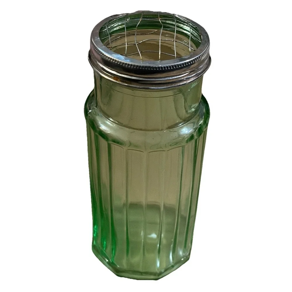 Antique Green Glass Flower Frog Vase Flower Arranger‎ Wire Grid Insert 7.5